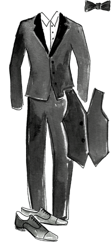 Black-and-white watercolor tuxedo with vest, bow tie, and dress shoes